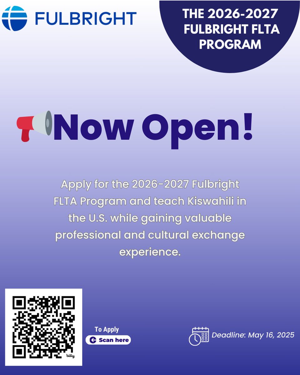📢 Now Open!

Apply for the 2026-2027 Fulbright FLTA Program and teach Kiswahili in the U.S. while gaining valuable professional and cultural exchange experience.

🗓️ Deadline: May 16, 2025
 🔗 Start your application: us.fulbrightonline.org/applicants/get…

#FulbrightFLTA #FLTAKenya