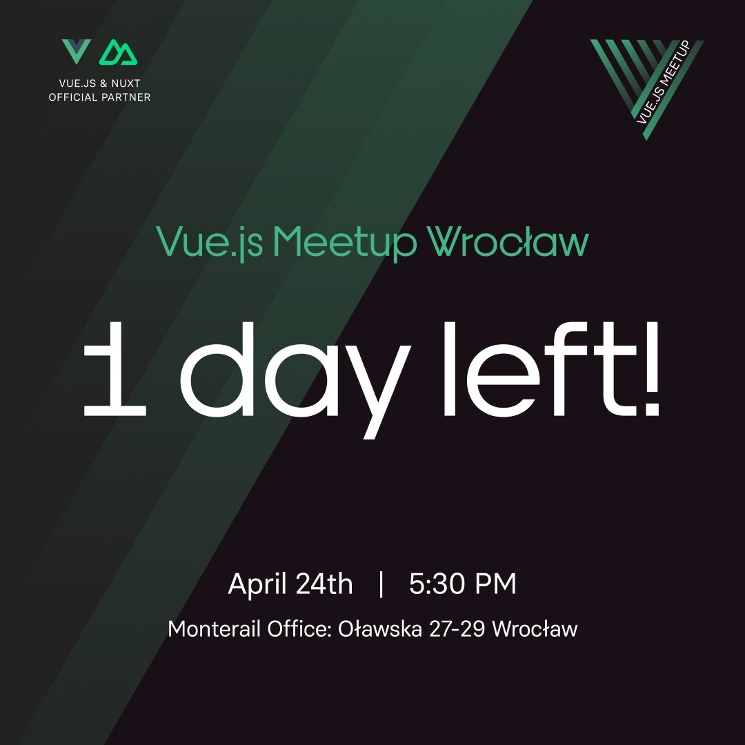 🔥It's tomorrow! Join us at #Vue Meetup in Wrocław and listen to exciting expert talks 🔥 

We'll kick things off with special recordings from Vue Amsterdam featuring Evan You, Daniel Roe, and Sebastien Chopin.

Don't miss out on this opportunity 👉hi.monterail.co/4d2Y1oZ