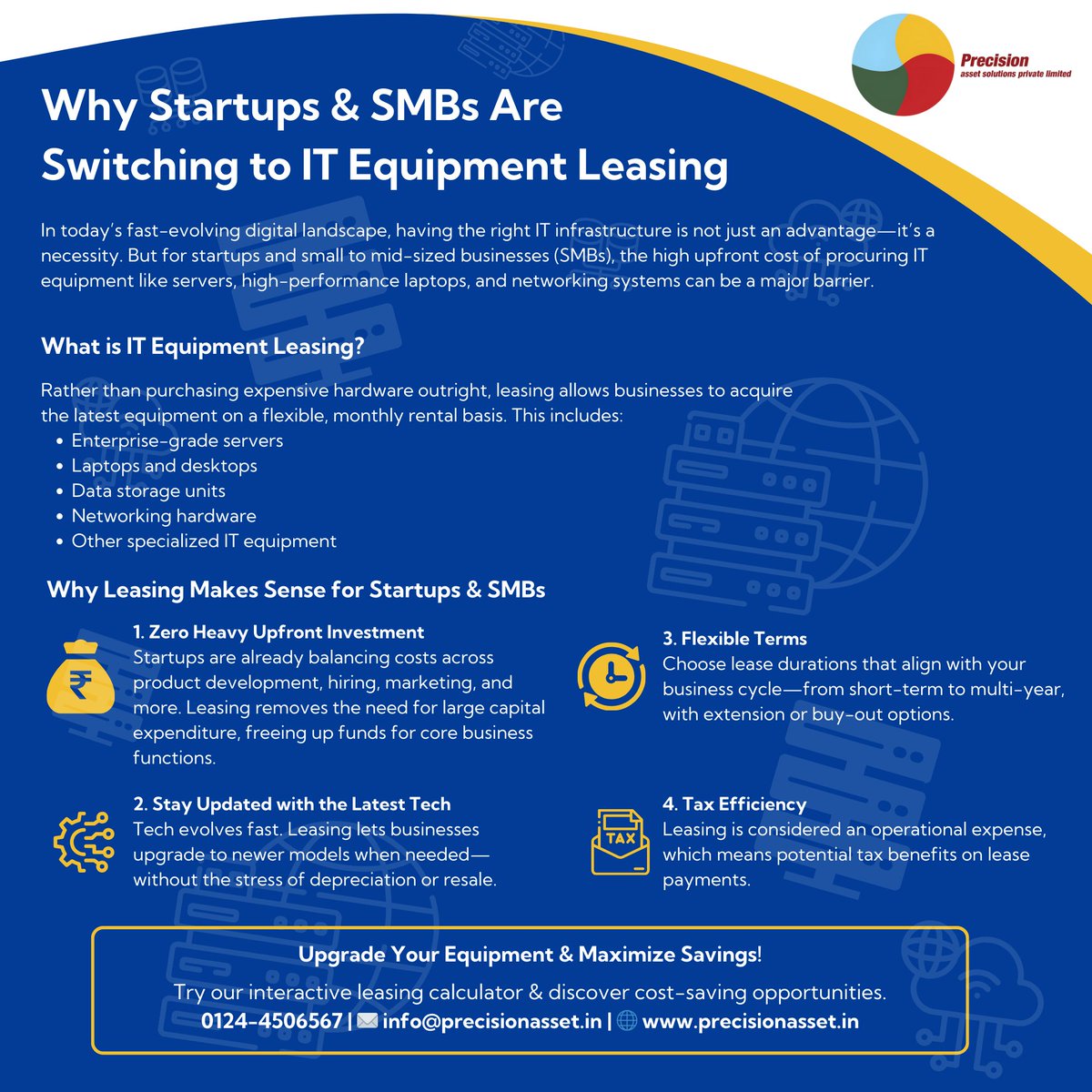 PRECISION_PEDPL's tweet photo. Power up without breaking down your budget.
Startups & SMBs — why buy when you can lease smart?
At Precision Asset Solutions, we provide flexible IT equipment leasing — from servers to laptops — to keep your operations agile, scalable, and efficient.
#ITLeasing #StartupIndia https://t.co/cC5MtrgL3n