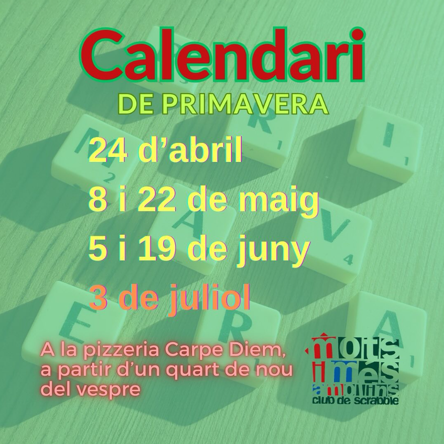 Aquest dijous, després de Sant Jordi, comencen les trobades del trimestre de primavera: la recta final de la temporada! 

Bona diada de Sant Jordi! 🌹📚

#scrabbleencatalà
#scrabble
#molinsderei
#cultura