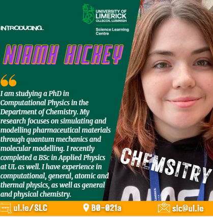 This morning our #postgrad tutors, Muqian and Niamh are covering the fields of #Physics and #Chemistry from 10:00 - 12:00 at the Drop-in Centre. Pop in anytime to get free academic support in related subjects! #science #university #undergraduate #UL #study #unilife #PeerSupport