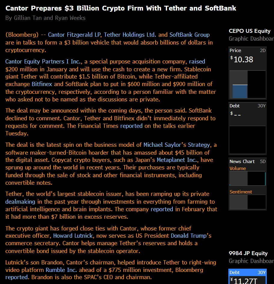 BLOOMBERG: Cantor prepares $3 Billion Crypto Firm with Tether and Softbank