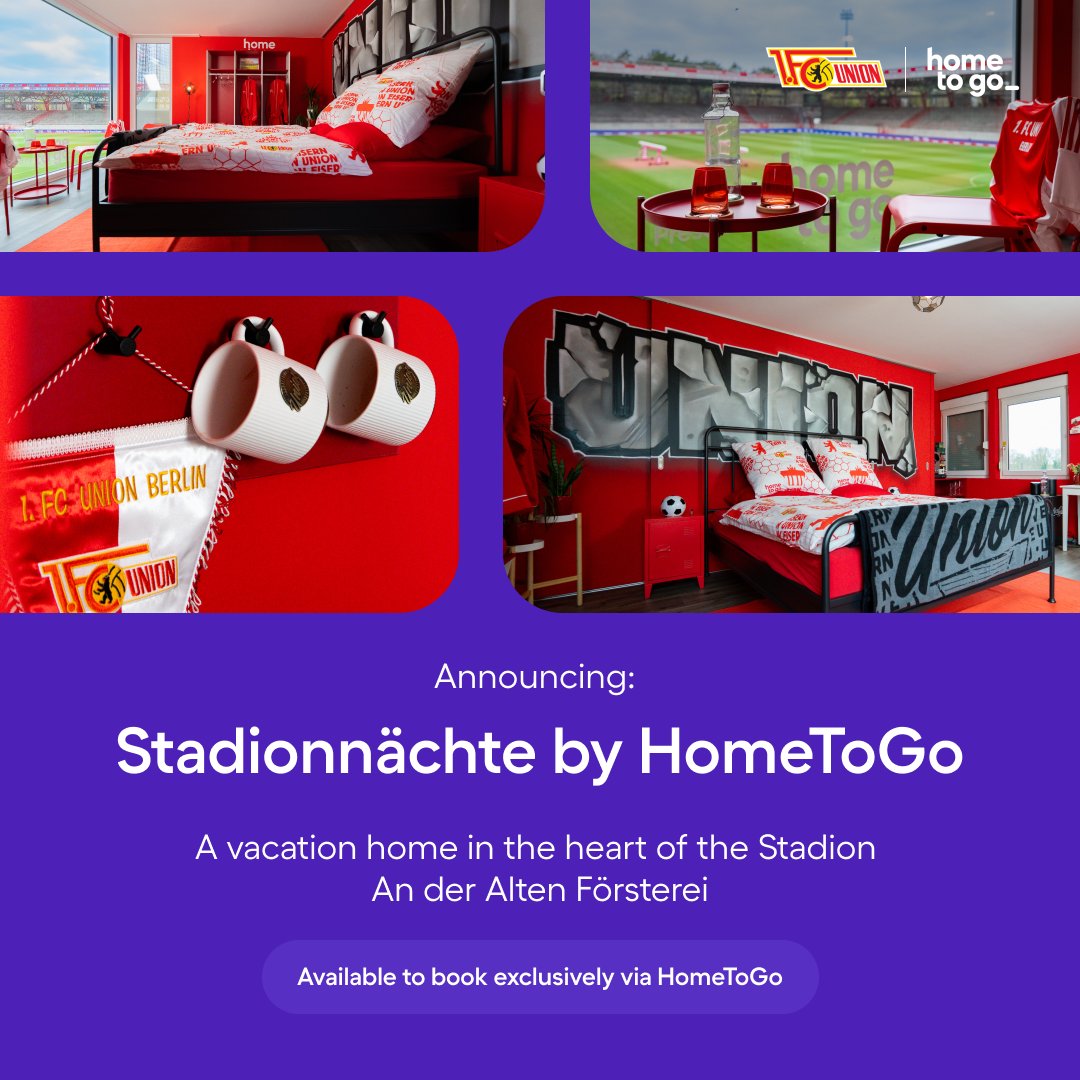 <a href="/HomeToGo/">HomeToGo</a>  and <a href="/fcunion/">1. FC Union Berlin</a> have announced Stadionnächte by HomeToGo, a fully designed, pitchside vacation rental inside the Stadion An der Alten Försterei, exclusively bookable via HomeToGo. ⚽ 🥅 🏟️

Learn more and apply to stay here: bit.ly/42DCcXZ

#eisernunion 🇩🇪💜⚽