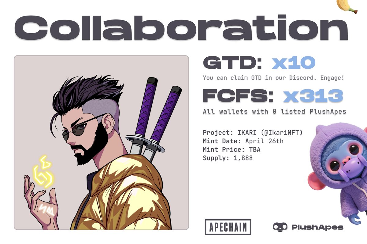 IKARI Collab Alert!

<a href="/PlushApes/">PlushApes 🐒</a> x <a href="/IkariNFT/">IKARI</a>

🎟 10 IKARI GTD spots are available for claim 

How to join:

1️⃣ Be Plush Holder 
2️⃣ Follow: <a href="/IkariNFT/">IKARI</a>, <a href="/PlushApes/">PlushApes 🐒</a>
3️⃣ Claim your spot in Plush Discord, Channel: giveaways

6 hours