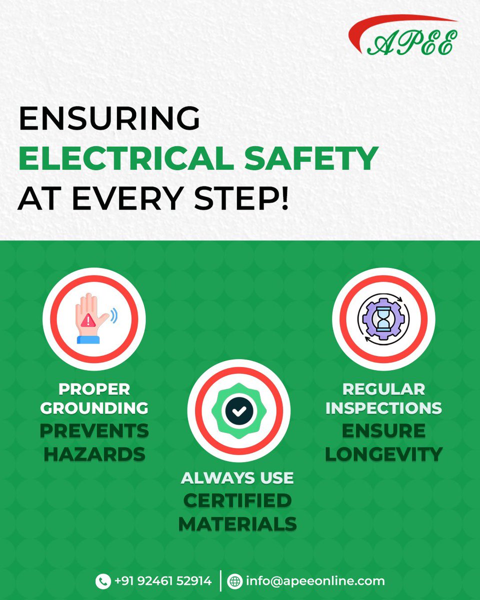 media_apee's tweet photo. At APEE, your safety is our priority. From proper grounding to certified materials and regular inspections — we ensure electrical safety at every step!

#ElectricalSafety #SafetyFirst #APEE #GroundingMatters #CertifiedMaterials #RegularInspections #SafePower #ElectricalSolutions https://t.co/aIf0UxBzSL