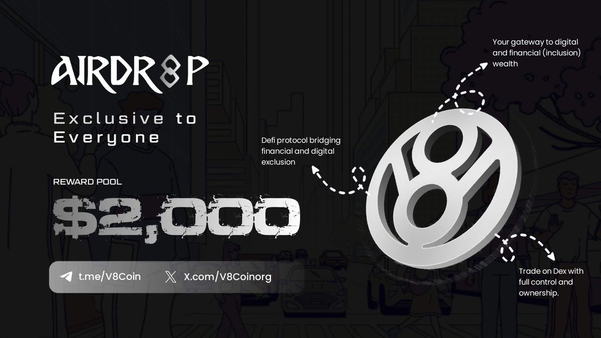 AirdropKingdom4's tweet photo. 📣🎁 V8Coin Airdrop 🎁 is now live!

🎁 Total Airdrop Pool: 2000 USDT
💰 Reward: 4 USDT for 300 random winners
👥 Referral: a share from the prize pool of (800 USDT) for top 75 referrers 
📅 End Date: 21st May 2025
🚀 Distribution: 21st May 2025

Start the V8Coin Airdrop Bot: https://t.co/Ar6w1Nyt4s