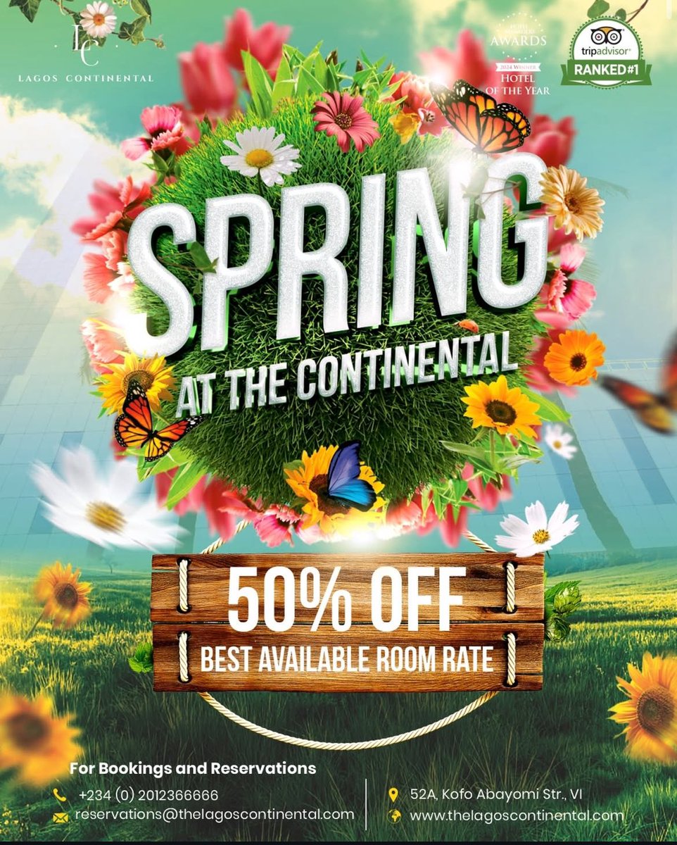 Lagos Continental (@thelchotel) on Twitter photo āSpring into Savings!
Blossom into luxury with 50% OFF the Best Available Rate on all room bookings!
Donāt miss out! Book now and enjoy the seasonās warmth in style!
T&Cs apply.
For reservations:
Phone: 07031720200
Email: reservations@thelagoscontinental.com āSpring into Savings!
Blossom into luxury with 50% OFF the Best Available Rate on all room bookings!
Donāt miss out! Book now and enjoy the seasonās warmth in style!
T&Cs apply.
For reservations:
Phone: 07031720200
Email: reservations@thelagoscontinental.com