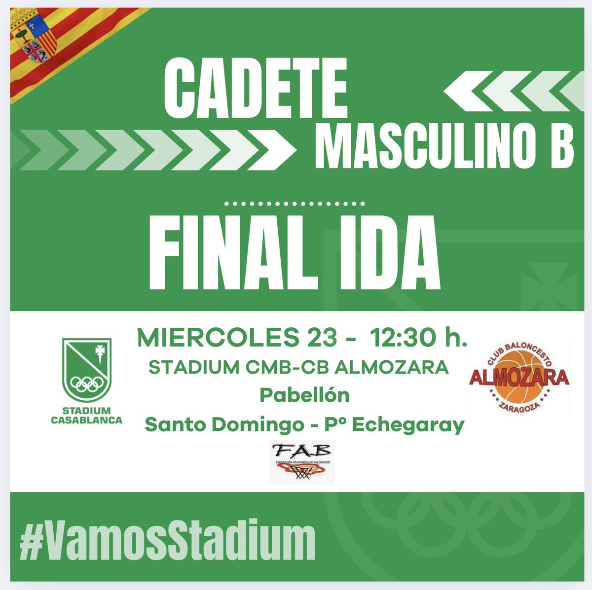 stcbaloncesto's tweet photo. Un buen plan para el Día de Aragón, visita al Centro Histórico, tapeo, e ir a animar a nuestros cadetes en la ida de la Final de Liga¡¡¡💚💚💚💛❤️💛❤️💛❤️💛❤️💛 @stcasablancazgz @CBAlmozara https://t.co/iEWg1fgyWK