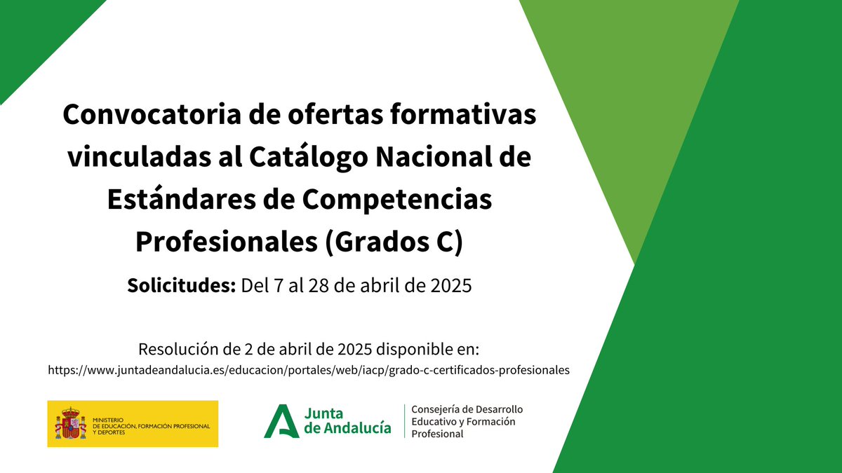 Los centros docentes públicos de #FPAndaluza tienen hasta el 28 de abril para presentar proyectos para impartir ofertas formativas vinculadas al Catálogo Nacional de Estándares de Competencias Profesionales (Grados C). <a href="/EducaAnd/">Consejería Desarrollo Educativo y FP</a>
juntadeandalucia.es/educacion/port…