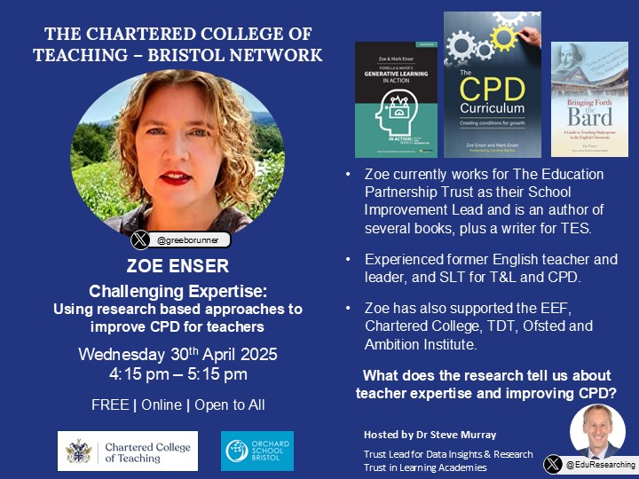 Dr Steve Murray (@eduresearching) on Twitter photo *Next Wednesday!*
PLEASE RT:
<a href="/greeborunner/">Zoe Enser 🐉</a> Zoe Enser - Challenging Expertise: Using research-based approaches to improve CPD for teachers
Free <a href="/CharteredColl/">Chartered College of Teaching</a> online talk & open to all!
Weds 30th April, 4:15pm
Sign up here: eventbrite.co.uk/e/zoe-enser-ch…
#edutwitter #teaching #CPD *Next Wednesday!*
PLEASE RT:
<a href="/greeborunner/">Zoe Enser 🐉</a> Zoe Enser - Challenging Expertise: Using research-based approaches to improve CPD for teachers
Free <a href="/CharteredColl/">Chartered College of Teaching</a> online talk & open to all!
Weds 30th April, 4:15pm
Sign up here: eventbrite.co.uk/e/zoe-enser-ch…
#edutwitter #teaching #CPD