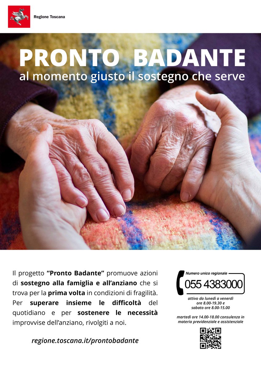 Hai bisogno di assistenza per un tuo caro nel primo momento di fragilità? Scopri il servizio #ProntoBadante della <a href="/regionetoscana/">Regione Toscana</a> ! 👵 Chiama il numero unico regionale 055 4383000📞