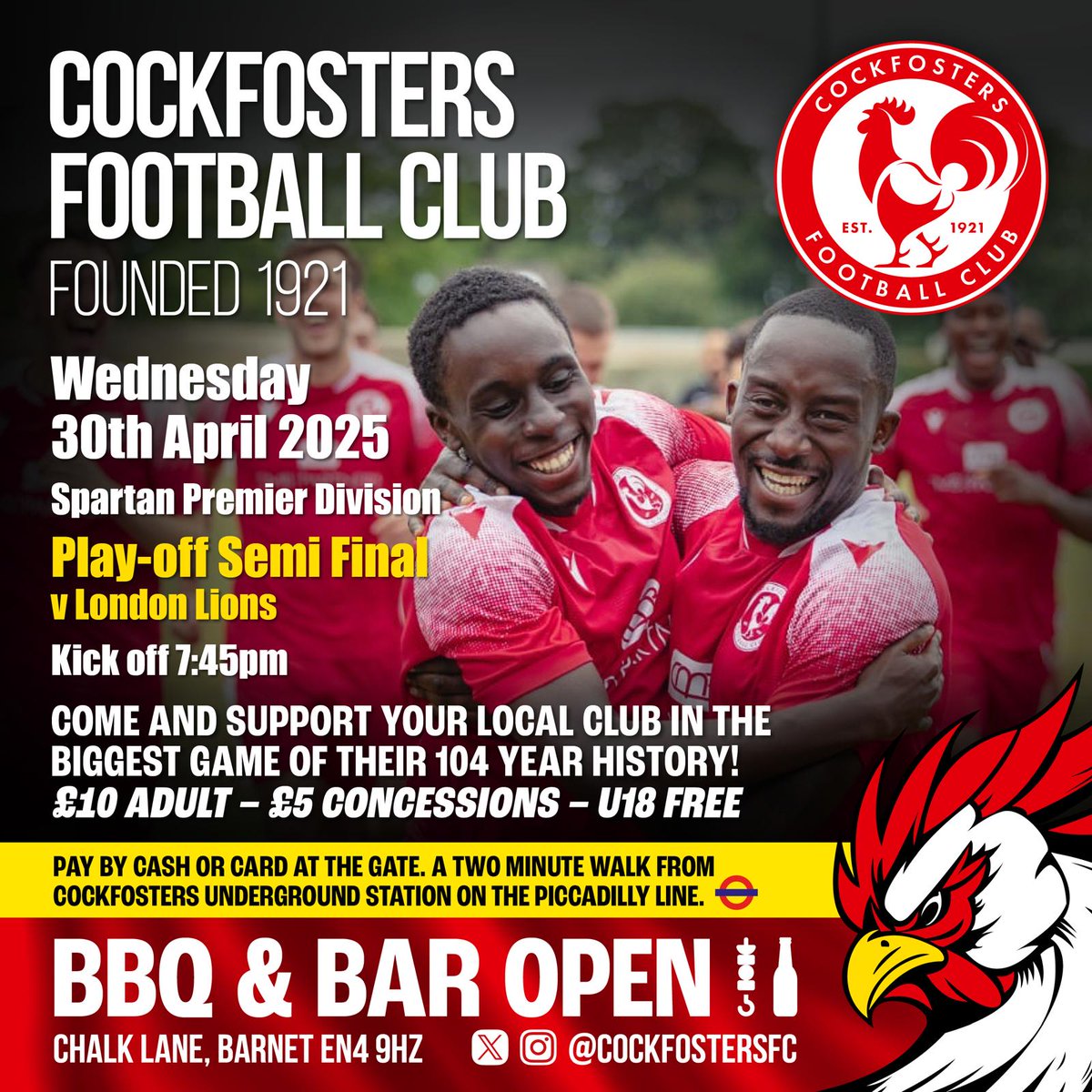 Cockfosters FC (@cockfostersfc) on Twitter photo PLAY OFF SEMI FINAL info
Join us next Wed eve at Chalk Lane.
Parking & travel map on this thread
📆 Wed 30 April
🏟 Chalk Lane EN4 9HZ
🆚️ <a href="/LondonLions_/">London Lions F.C.</a>
🕒 7.45pm
🍺 Bar open 🍔 BBQ
💰 Adults £10 | Conc £5 | U18 foc
PAY AT THE GATE
<a href="/nonleagueshow/">Non League Show</a> <a href="/NonLeagueCrowd/">Non League Crowds</a>
Pls RT PLAY OFF SEMI FINAL info
Join us next Wed eve at Chalk Lane.
Parking & travel map on this thread
📆 Wed 30 April
🏟 Chalk Lane EN4 9HZ
🆚️ <a href="/LondonLions_/">London Lions F.C.</a>
🕒 7.45pm
🍺 Bar open 🍔 BBQ
💰 Adults £10 | Conc £5 | U18 foc
PAY AT THE GATE
<a href="/nonleagueshow/">Non League Show</a> <a href="/NonLeagueCrowd/">Non League Crowds</a>
Pls RT