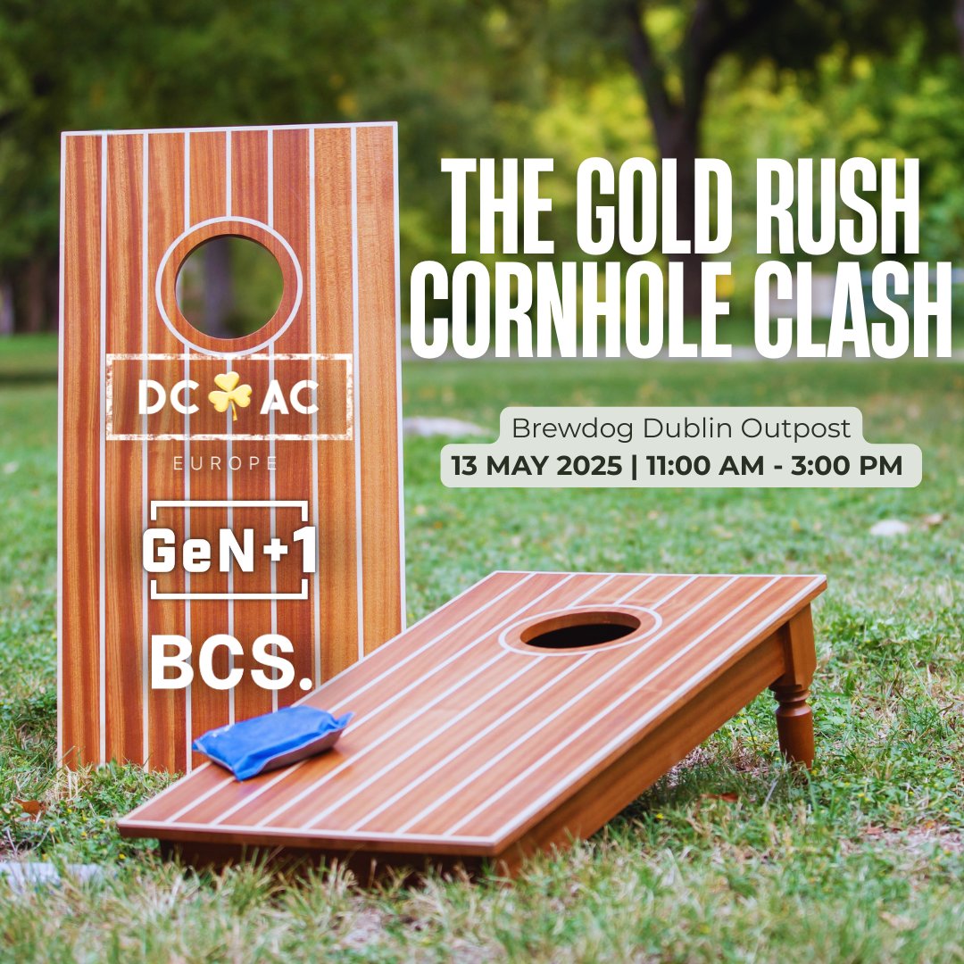 Cornhole + cold drinks + bragging rights!! 🏆🙂‍↕️

🎯 Gold Rush Cornhole Clash
🤝 DCAC x GeN+1 x BCS
📍 BrewDog Dublin
🗓️ May 13 | 11AM–3PM
🎟️ €30 singles | €50 teams | €20 network
🔥 Register via Cvent (Link in Bio)
🏃‍♂️ Spots are limited so hurry!

#DCACEurope #CornholeClash