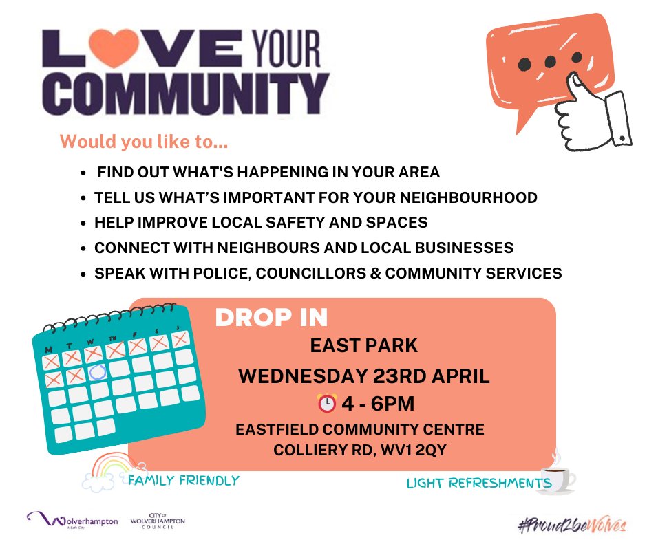WolvesCouncil's tweet photo. Have your say about your local community. The next East Park Community drop-in takes place this evening (Wednesday) from 4-6pm. See the poster for more details. #Proud2BeWolves https://t.co/ZdrE4TKqbI