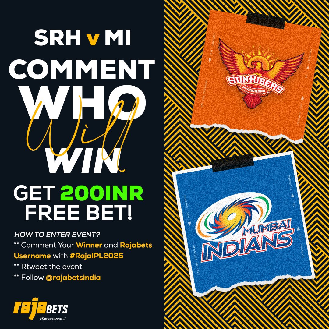 rajabetsindia's tweet photo. Choose the winner of today's #SRHvsMI match and win 200INR Free Bet!

How to enter event? 🎉

👉🏻 Follow @rajabetsindia

👉🏻 Retweet the post

👉🏻 Comment Username with your predict (SRH or MI) and add #RajaIPL2025

➡️ https://t.co/VNnS5tDxJB https://t.co/RSU7xeVw62
