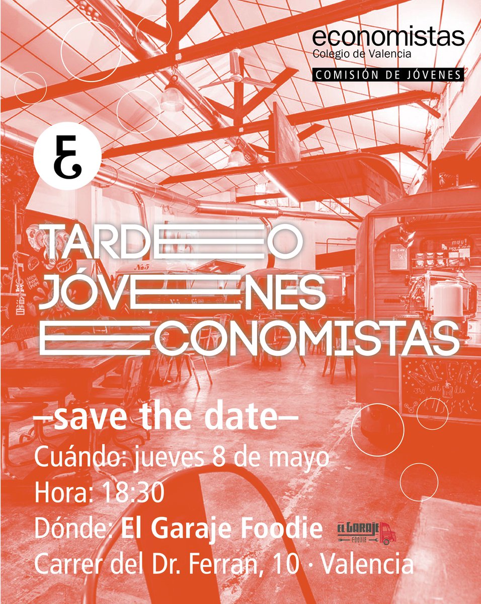 COEV_COM's tweet photo. ¡Vuelve el afterwork del COEV! 🥂
📆 Jueves 8 de mayo – 18:30 h
📍 El Garaje Foodie
Si eres joven economista, no puedes faltar: networking, buen ambiente y nuevas conexiones.
➡️ Inscripciones en la web.
#COEV #Networking #Afterwork #Valencia https://t.co/NgVtEmYL1k
