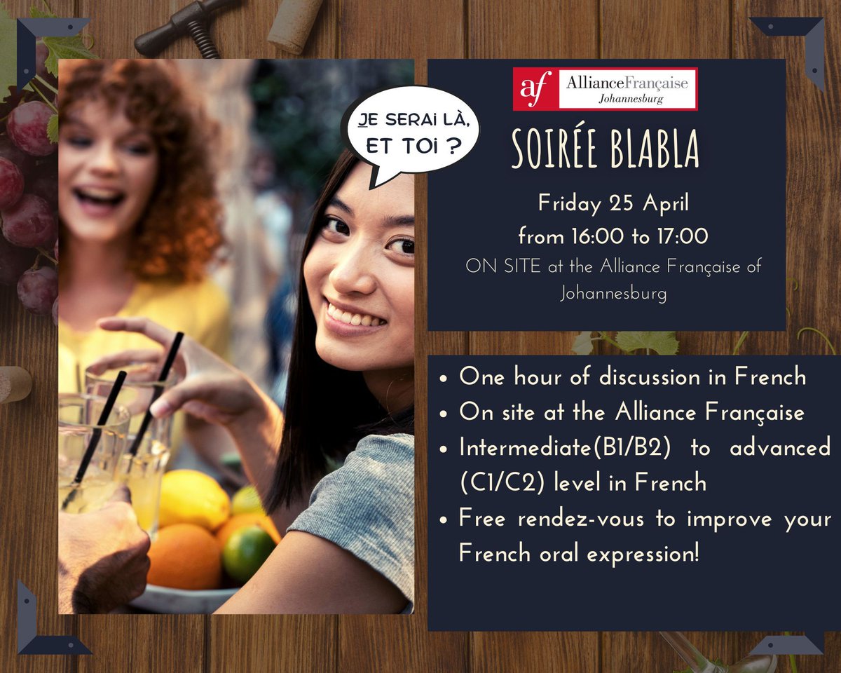 The next Café Blabla is on April 25th at the Alliance Française of Johannesburg! ☕ 1 hour of FREE conversation in French with members of the staff of the Alliance Française and people who study/speak French! From 16:00 to 17:00 From B1 level🥐 Learn French, join our community