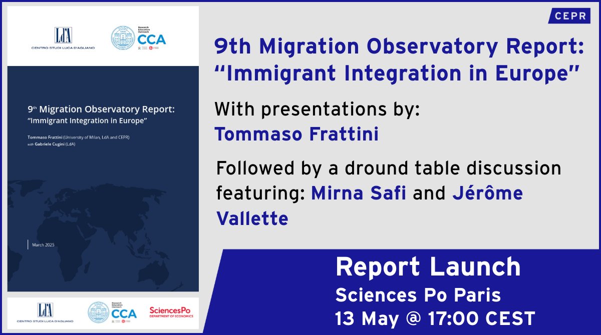 CEPR (@cepr_org) on Twitter photo 13 May 5 PM CEST
📍 Sciences Po, Paris
Join CEPR & <a href="/LdA_CentroStudi/">Centro Studi Luca d'Agliano</a> - <a href="/CollegioCA/">Collegio Carlo Alberto</a> for the launch of the 9th Migration Observatory Report, presented by <a href="/tomfratti/">Tommaso Frattini</a> <a href="/LaStatale/">Università degli Studi di Milano</a>, discussants <a href="/mirna_safi/">Mirna Safi</a> <a href="/sciencespo/">Sciences Po</a> & Jérôme Vallette <a href="/CEPII_Paris/">CEPII</a>.
Register: mailchi.mp/cepr/9th-migra… 13 May 5 PM CEST
📍 Sciences Po, Paris
Join CEPR & <a href="/LdA_CentroStudi/">Centro Studi Luca d'Agliano</a> - <a href="/CollegioCA/">Collegio Carlo Alberto</a> for the launch of the 9th Migration Observatory Report, presented by <a href="/tomfratti/">Tommaso Frattini</a> <a href="/LaStatale/">Università degli Studi di Milano</a>, discussants <a href="/mirna_safi/">Mirna Safi</a> <a href="/sciencespo/">Sciences Po</a> & Jérôme Vallette <a href="/CEPII_Paris/">CEPII</a>.
Register: mailchi.mp/cepr/9th-migra…
