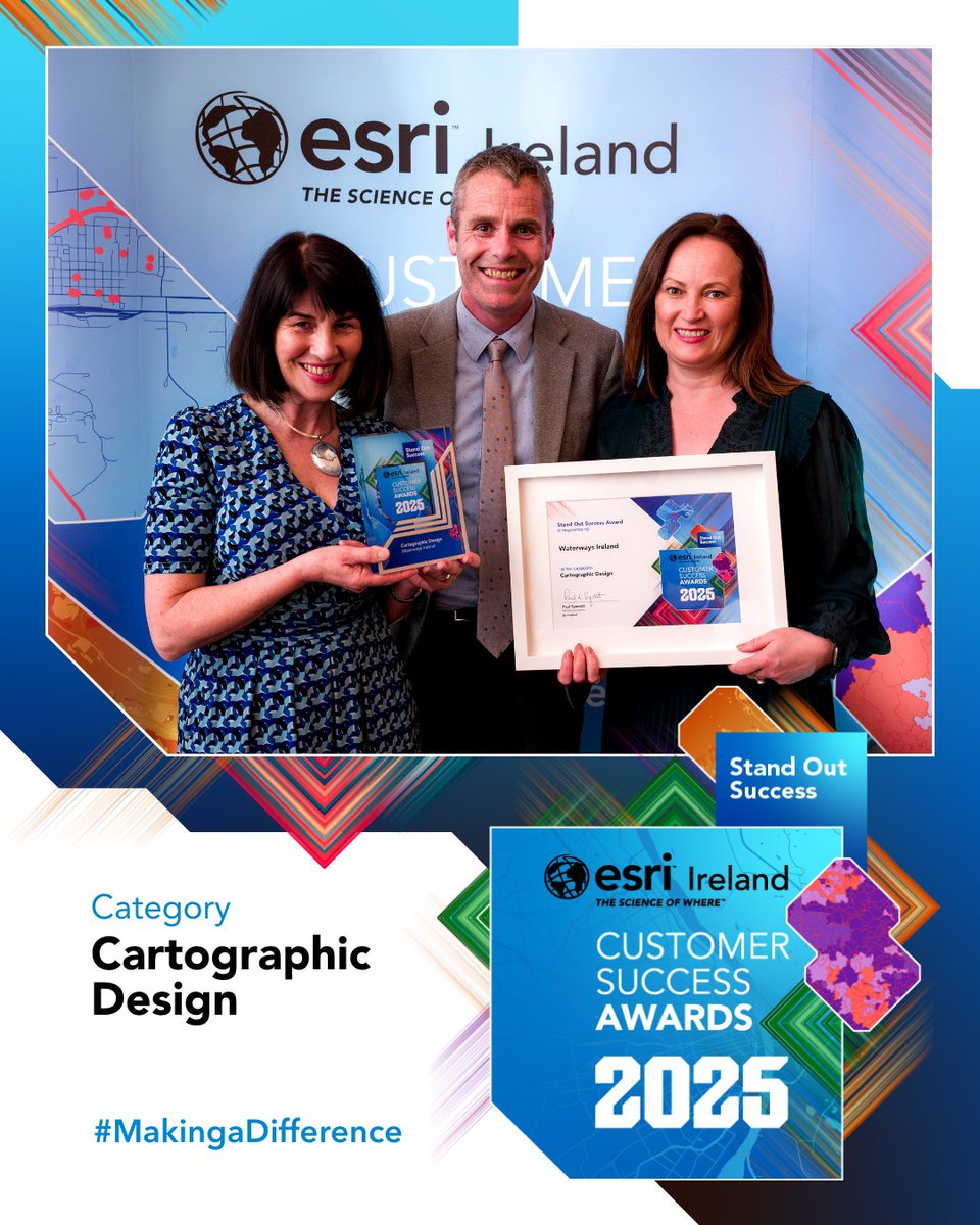 EsriIreland's tweet image. We are proud to announce that @waterways_Irl has been recognised as a Stand Out Success in the &apos;Cartographic Design&apos; category at Esri Ireland&apos;s Customer Success Awards 2025🎉🤝🗺️

Congratulations and thank you for your exceptional work 💯

#MakingaDifference #GISCommunity