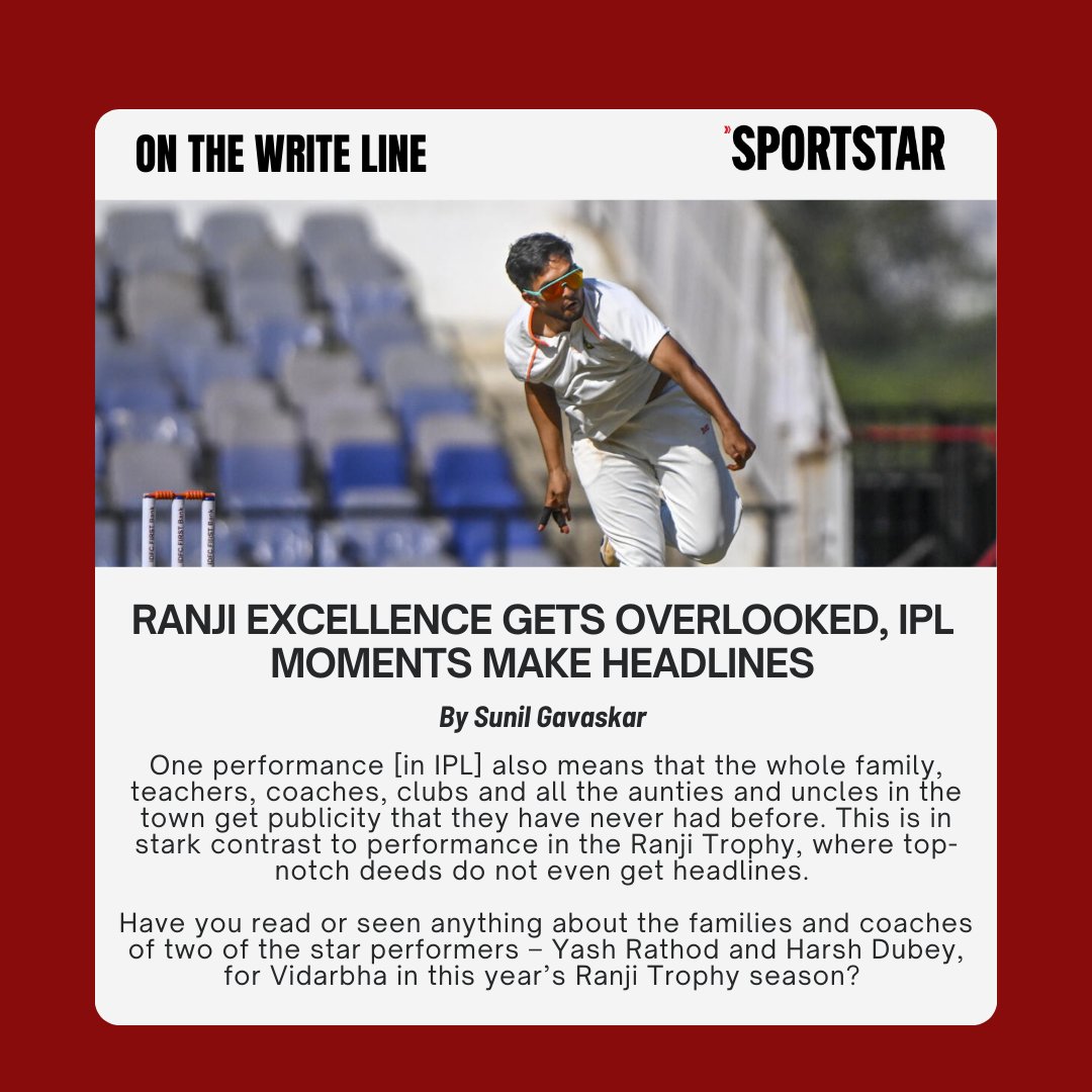sportstarweb's tweet photo. There are several stories every year of consistent Ranji Trophy performers getting ignored while the razzmatazz of the IPL ensures that one performance in the whole season gets headlines, writes Sunil Gavaskar.

#OnTheWriteLine ➡️ https://t.co/fH7ErPy2qb https://t.co/jHiFWOrh2S