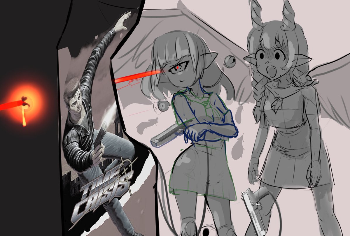 A mockup of an illustration. 2 monster girls "playing" A shooting game.