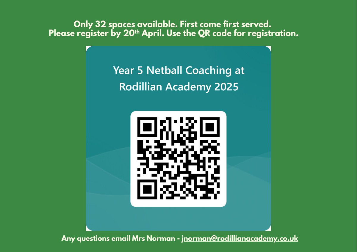 Calling all local year 5's thinking about coming to Rodillian in Sept 2026. Don't miss out on registering for your netball taster sessions place at Rodillian starting next Monday! 🏐💚 Use the QR code to register.