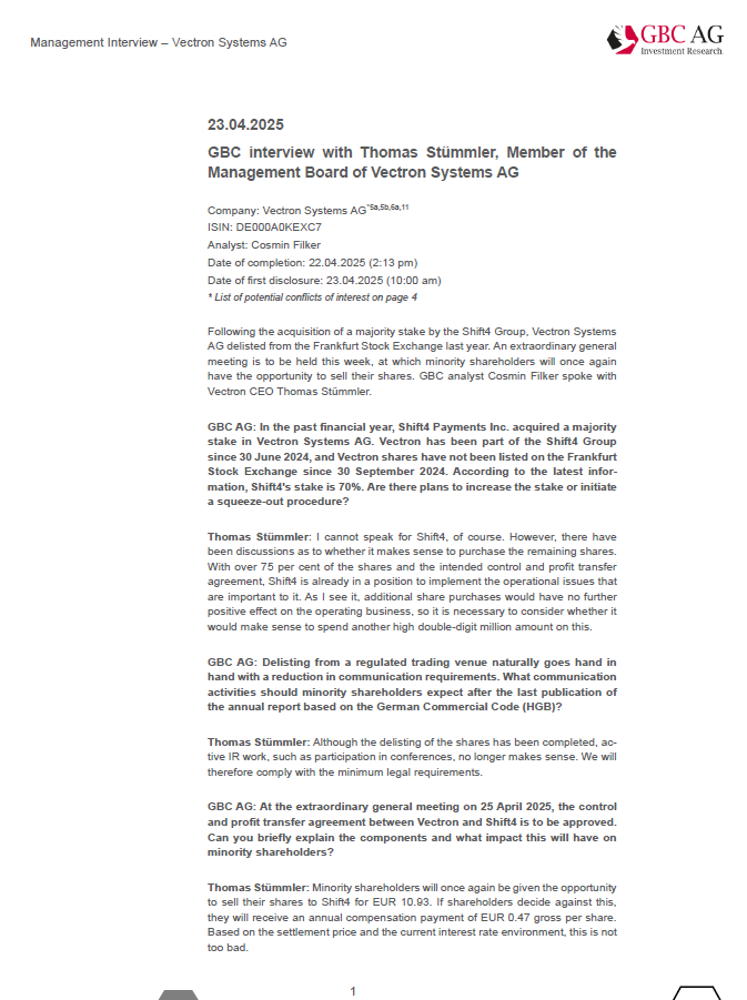 GBC_Research's tweet image. Vectron Systems AG (#V3S) #EquityResearch #ManagementInterview „following the   acquisition of a majority stake by the Shift4 Group, Vectron Systems AG   delisted from the Frankfurt Stock Exchange last year “   #SmallCaps #Börse #Aktie #Research  t1p.de/bu8hl