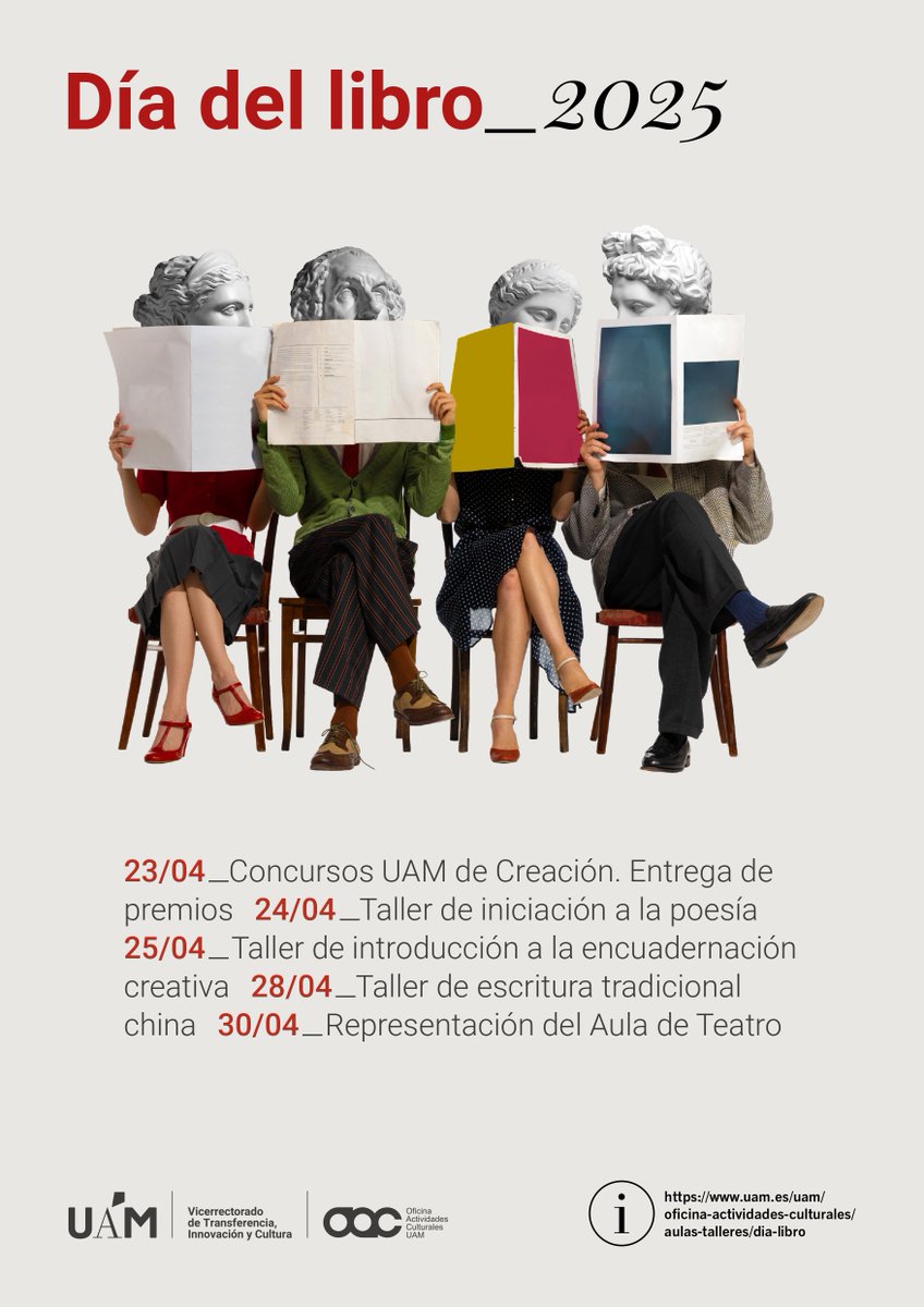 UAM Autónoma Madrid (@uam_madrid) on Twitter photo Hoy, 23/04, se conmemora el #DíadelLibro 📚.
Desde la <a href="/OAC_UAM/">UAM Act Culturales</a> se ha diseñado un programa especial que incluye una variedad de actividades con motivo de esta celebración.
A partir de hoy y hasta el 30/04, se llevarán a cabo talleres, concursos de creación y representaciones Hoy, 23/04, se conmemora el #DíadelLibro 📚.
Desde la <a href="/OAC_UAM/">UAM Act Culturales</a> se ha diseñado un programa especial que incluye una variedad de actividades con motivo de esta celebración.
A partir de hoy y hasta el 30/04, se llevarán a cabo talleres, concursos de creación y representaciones
