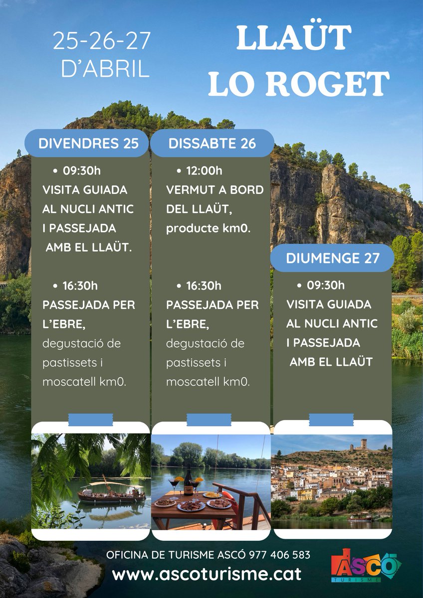 AscoTurisme's tweet photo. 🌿⛵ Aquest cap de setmana acomiadem el mes d'abril navegant per l'#Ebre a bord del llaüt tradicional #LoRoget!

T'hi apuntes?

ℹ️ Oficina de Turisme d’Ascó
🎟️ https://t.co/lH076IW1Ms
📩 turisme@asco.cat
☎️ 977 40 65 83

#catalunyaexperience #terresdelebre #riberadebre https://t.co/AgQFkgZiX9