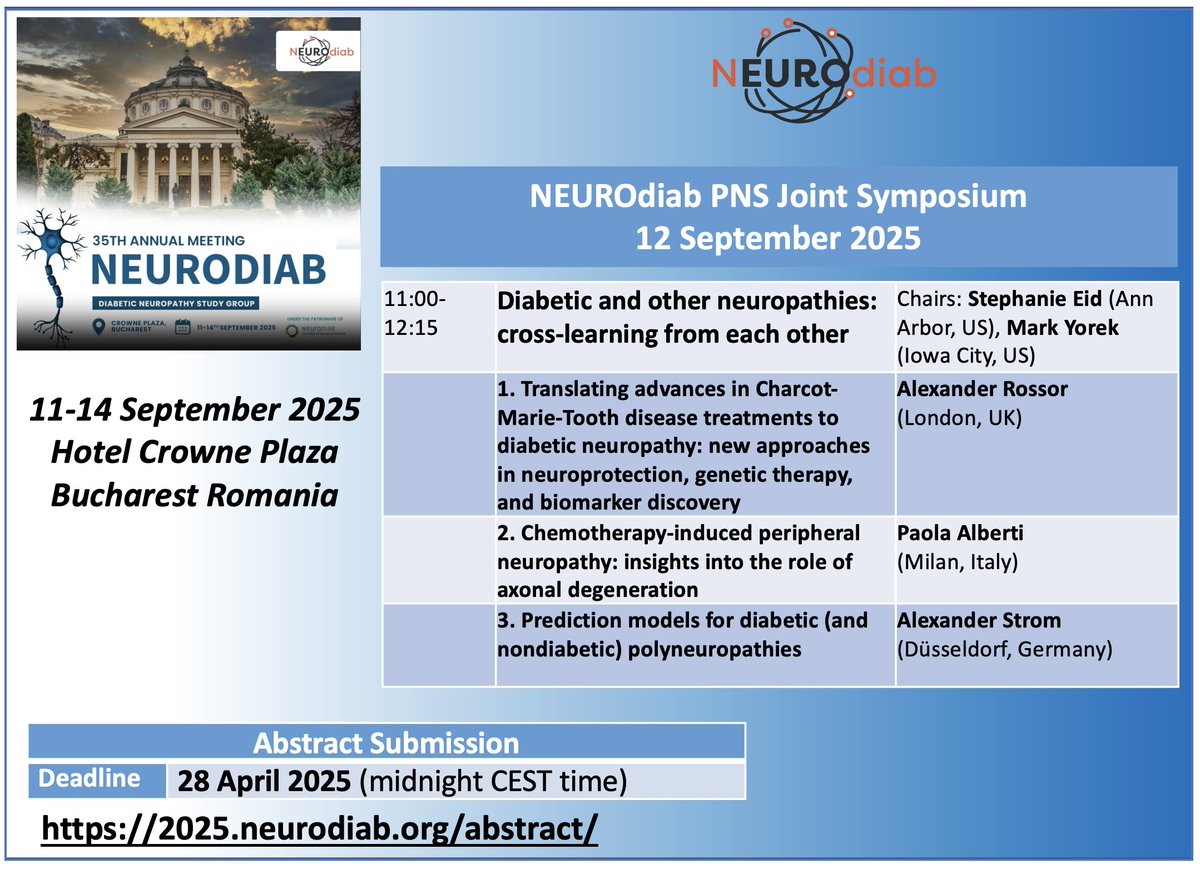 NEUROdiab - PNS Joint Symposium at the 35th NEUROdiab Annual Meeting, 11-14 September 2025, Bucharest, Romania
2025.neurodiab.org
How the latest advancements in non-diabetic neuropathies can influence research and applications in #diabeticneuropathy