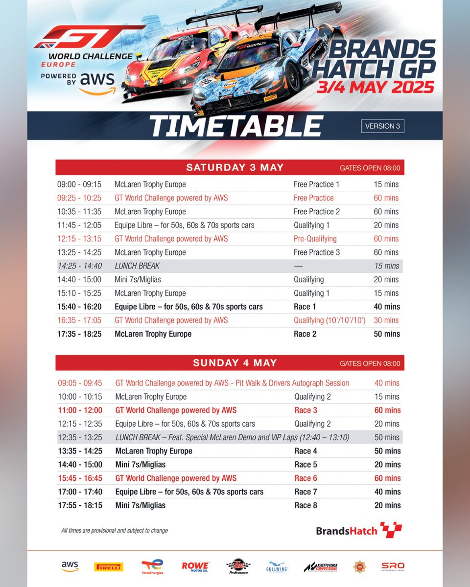 Brands Hatch (@brands_hatch) on Twitter photo Planning on a trip to Brands Hatch to enjoy sublime supercars on the GP circuit with <a href="/GTWorldChEu/">GT World Challenge Europe Powered by AWS</a>?
Then make sure you save a copy of the key timings for 3/4 May 🏁
🎟 brandshatch.co.uk/2025/may/gt-wo… Planning on a trip to Brands Hatch to enjoy sublime supercars on the GP circuit with <a href="/GTWorldChEu/">GT World Challenge Europe Powered by AWS</a>?
Then make sure you save a copy of the key timings for 3/4 May 🏁
🎟 brandshatch.co.uk/2025/may/gt-wo…