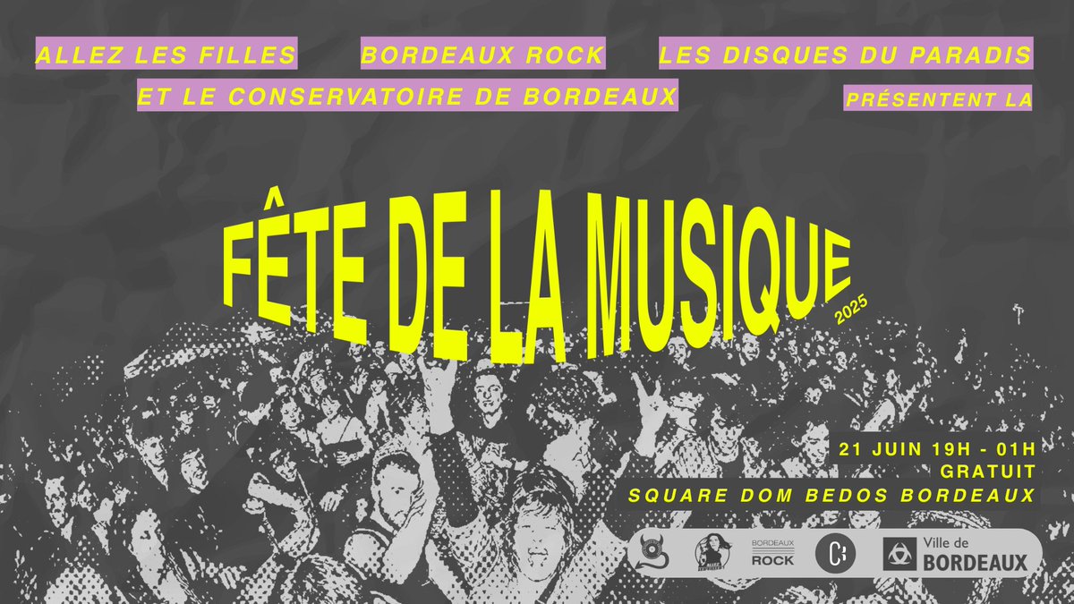 😃 𝗦𝗔𝗩𝗘 𝗧𝗛𝗘 𝗗𝗔𝗧𝗘 - 𝟮𝟭 𝗝𝗨𝗜𝗡

👊 Rendez-vous le 21 Juin au Square Dom Bedos pour une fête de la musique Rock avec Allez Les Filles, Bordeaux Rock, Les Disques du Paradis et le Conservatoire de Bordeaux Jacques Thibaud 

#BordeauxRock #BordeauxCulture #21Juin
