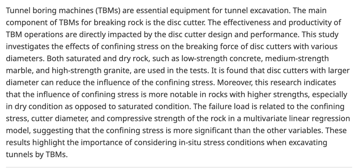 DCE_Journal's tweet image. New article!
Influence of confining stress on different diameters of disc cutters in rock cutting
👉 bit.ly/3EATNrA
By Mohammad Ali Torabi, Massoud Palassi and Ghazaleh Ali Mohammadi
#ConfiningStress #TBM #RockCutting #DiscCutters #TunnelConstruction