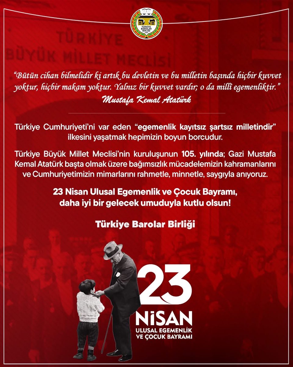 23 NİSAN ULUSAL EGEMENLİK VE ÇOCUK BAYRAMIMIZ KUTLU OLSUN

“Bütün cihan bilmelidir ki artık bu devletin ve bu milletin başında hiçbir kuvvet yoktur, hiçbir makam yoktur. Yalnız bir kuvvet vardır; o da millî egemenliktir.” Mustafa Kemal Atatürk

Türkiye Cumhuriyeti’ni var eden