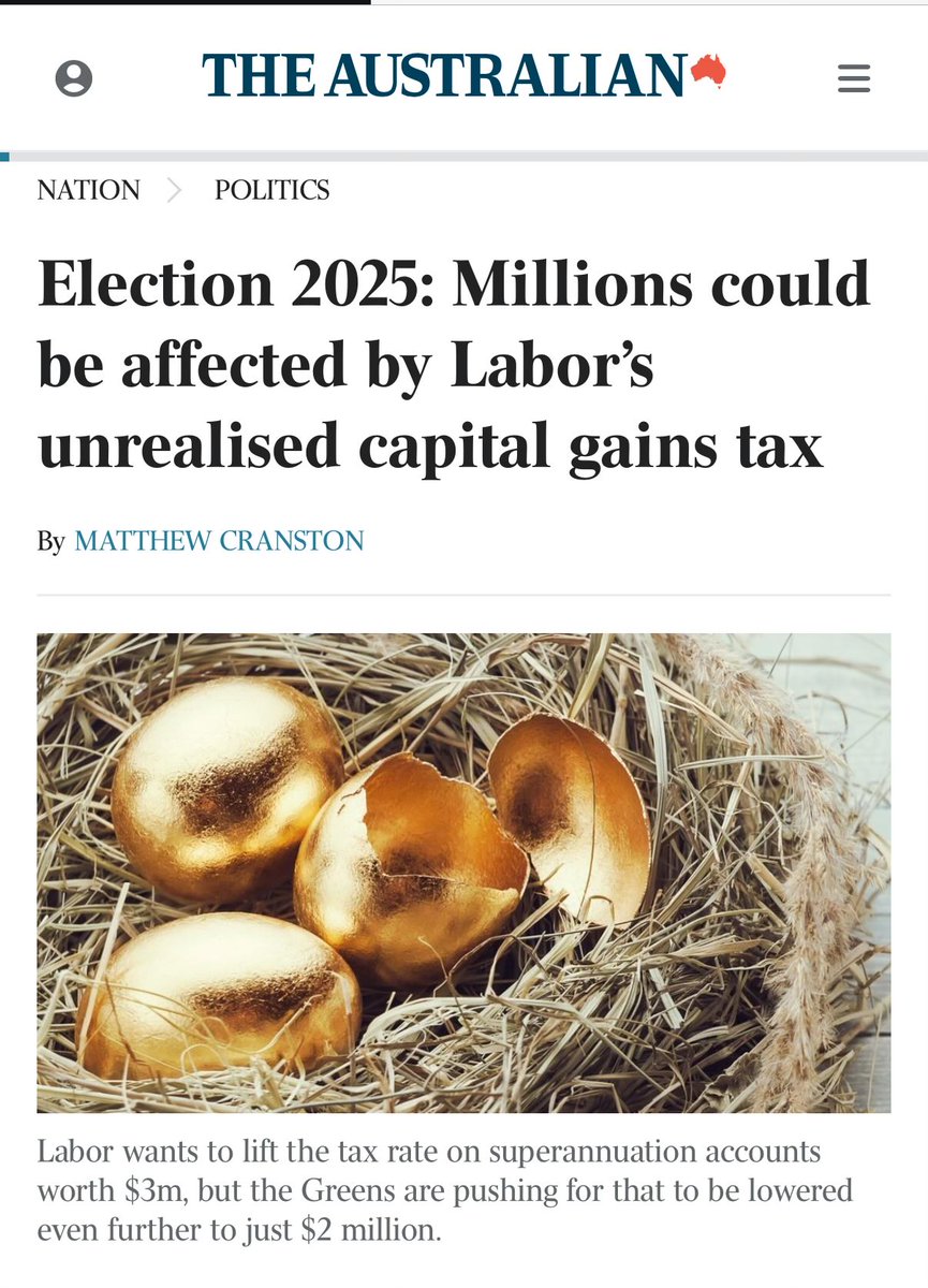 The <a href="/ausgov/">Australian Government</a> want to tax millions of Australian on gains they may never make. This is not only unfair, unAustralian and bad policy. It will also have significant unintended consequences. Great journalism <a href="/mcranston1/">Matthew Cranston</a> from <a href="/australian/">The Australian</a> 
What do you think? 

#Election2025