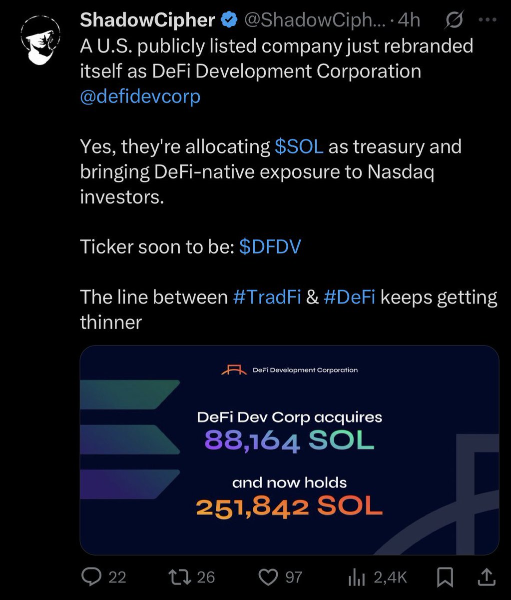 InfluencersRugU's tweet image. Just a viral stock doing viral stock things…

Btw the Nasdaq ticker hasn’t even changed yet. The only thing that happened yesterday is the company confirmed in a tweet what they already put in their SEC filing weeks ago.

$DFDV memecoin pumped with almost no new liquidity