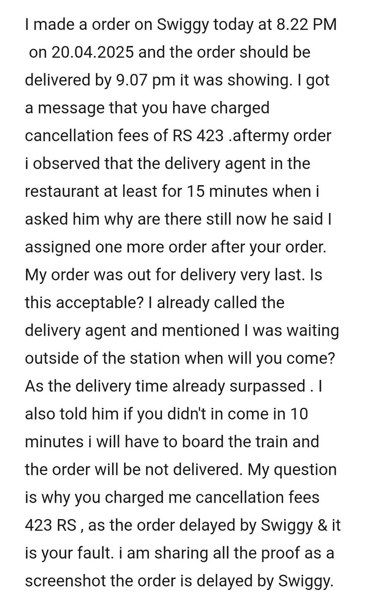 saurabhmarothi's tweet photo. @Swiggy 
Nowadays Swigg's service is very horrible. They failed to deliver my order in time and also charged me cancellation fees why? I already mailed  customer care but gave excuses. Sharing all the screenshots. https://t.co/EPW5mejaHC