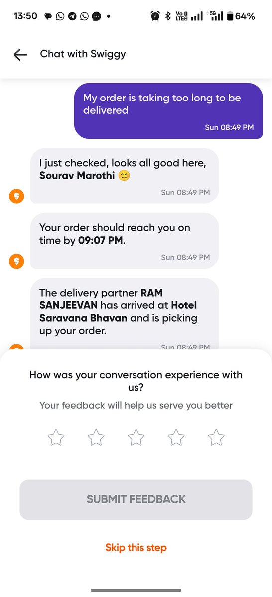 saurabhmarothi's tweet photo. @Swiggy 
Nowadays Swigg's service is very horrible. They failed to deliver my order in time and also charged me cancellation fees why? I already mailed  customer care but gave excuses. Sharing all the screenshots. https://t.co/EPW5mejaHC