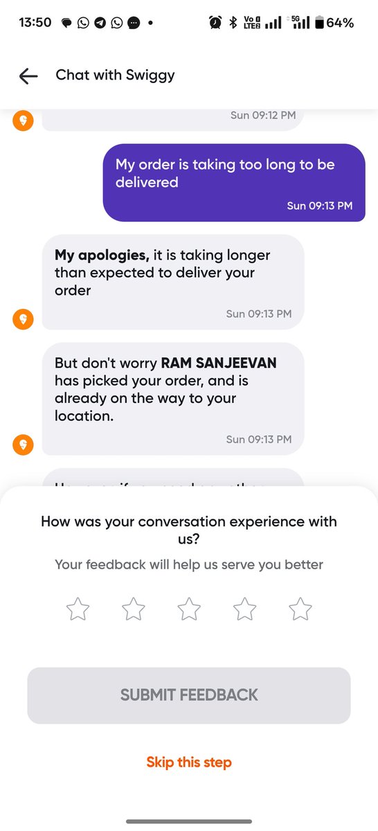 saurabhmarothi's tweet photo. @Swiggy 
Nowadays Swigg's service is very horrible. They failed to deliver my order in time and also charged me cancellation fees why? I already mailed  customer care but gave excuses. Sharing all the screenshots. https://t.co/EPW5mejaHC