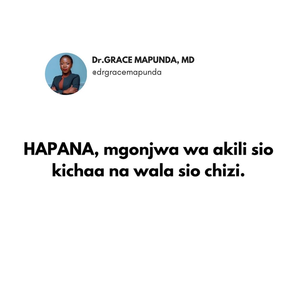 DrGraceMapunda's tweet photo. Swipe for more >>>> AFYA YA AKILI

Kumekuwa na maswali mengi juu ya magonjwa ya akili. 

Ni muhimu kufahamu  kuhusu AFYA YA AKILI na UGONJWA WA AKILI.

Karibu tuendelee kujifunza zaidi ili kuvunja unyanyapaa wa AFYA YA AKILI.

#afyayaakiliniafya
#sononakazini📚 https://t.co/5o2BtZagMq