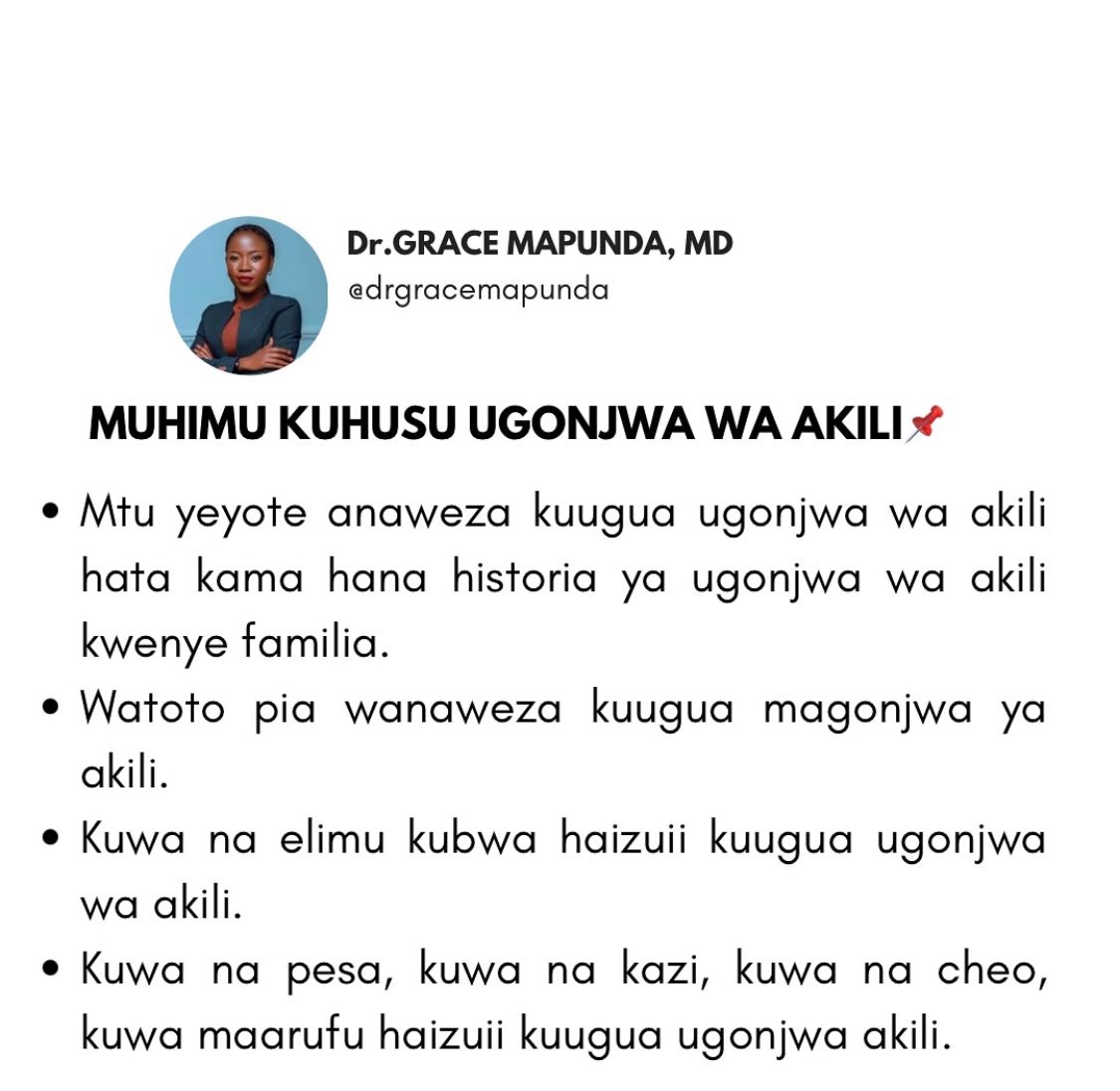DrGraceMapunda's tweet photo. Swipe for more >>>> AFYA YA AKILI

Kumekuwa na maswali mengi juu ya magonjwa ya akili. 

Ni muhimu kufahamu  kuhusu AFYA YA AKILI na UGONJWA WA AKILI.

Karibu tuendelee kujifunza zaidi ili kuvunja unyanyapaa wa AFYA YA AKILI.

#afyayaakiliniafya
#sononakazini📚 https://t.co/5o2BtZagMq