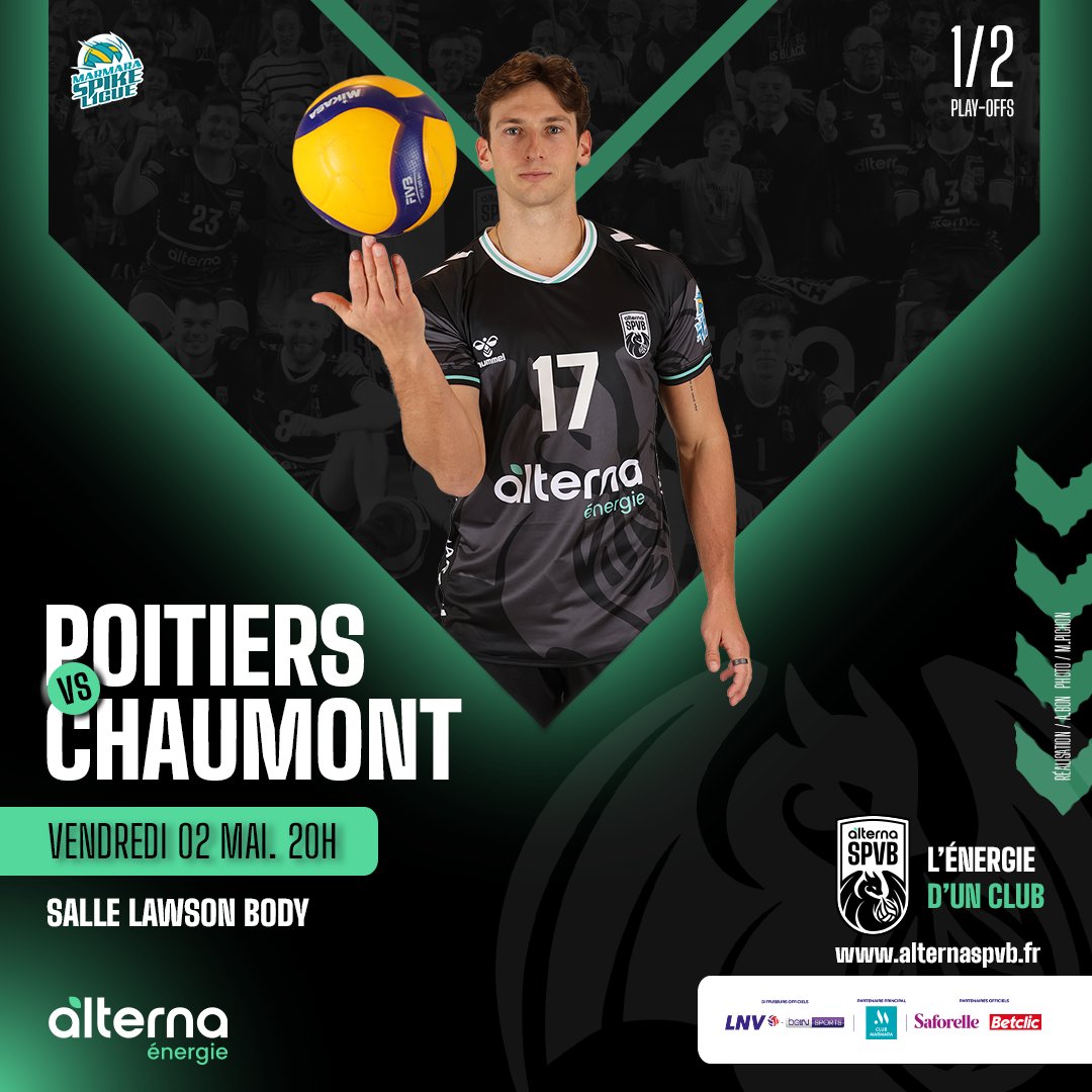 Alterna Stade Poitevin Volley Ball (@alternaspvb) on Twitter photo ððð«ð§ð¢ðð« ððð«ð«ðÌ ð¥
AprÚs un 1/4 complÚtement fou face à Tourcoing, nos blacks affronteront Chaumont en demi-finale ð
Tous derriÚre nos blacks, Lawson doit vibrer en noir et blanc ! â«ïžâªïž
ð billetweb.fr/pro/alternaspvb
â«âªð¢
#AlternaSPVB | #LNV | #MarmaraSpikeLigue ððð«ð§ð¢ðð« ððð«ð«ðÌ ð¥
AprÚs un 1/4 complÚtement fou face à Tourcoing, nos blacks affronteront Chaumont en demi-finale ð
Tous derriÚre nos blacks, Lawson doit vibrer en noir et blanc ! â«ïžâªïž
ð billetweb.fr/pro/alternaspvb
â«âªð¢
#AlternaSPVB | #LNV | #MarmaraSpikeLigue