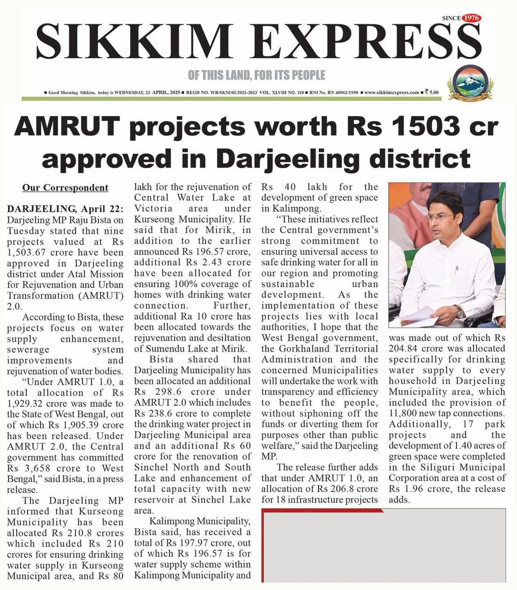 Darjeeling MP Raju Bista on Tuesday stated that nine projects valued at Rs 1,503.67 crore have been approved in Darjeeling district under Atal Mission for Rejuvenation and Urban Transformation (AMRUT) 2.0.

sikkimexpress.com/news-details/a…