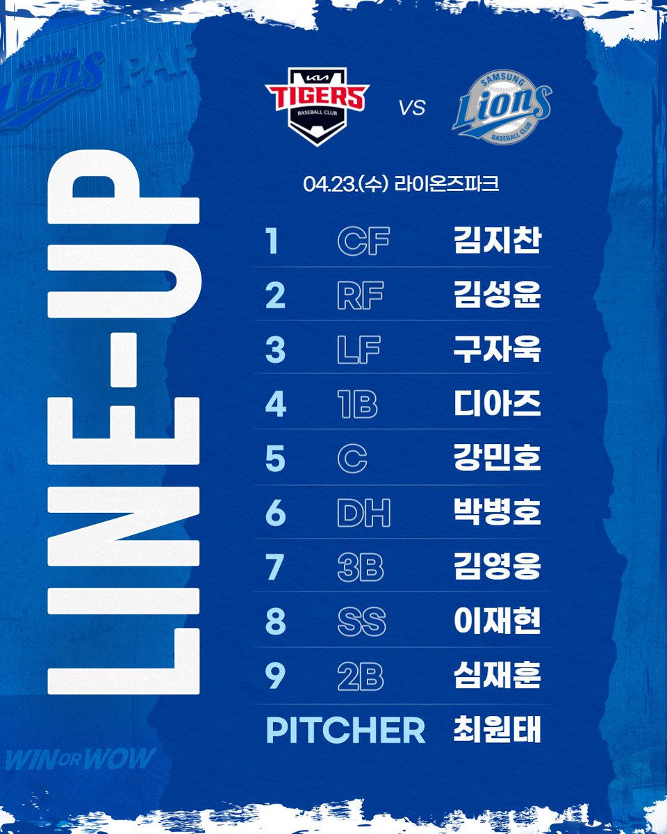 #오늘의라인업
🗓 2025년 4월 23일 수요일
🕡 18:30
🏟 @라이온즈파크
🦁 SP NO.3 #최원태
🆚 KIA 타이거즈
📺 중계 SBS SPORTS