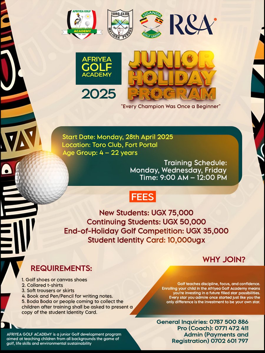 AfriyeaGolf's tweet photo. We’re thrilled to launch our 2025 First Term Holiday Golf Program starting Monday, 28th April! This 3-week experience is open to juniors of all ages and skill levels beginners to advanced. Let’s grow the game, one swing at a time! #JuniorGolf #GolfForEveryone
@IsabiryeDavid https://t.co/GCHB05jJ8l
