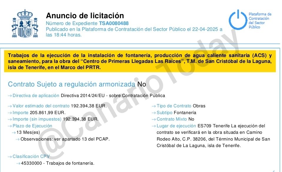 🕵🏻 #Tenerife | Otra licitación para obras en el centro de inmigrantes ilegales de Las Raíces. 

➡️ 205.861€ para trabajos de fontanería, producción de agua caliente y saneamiento.