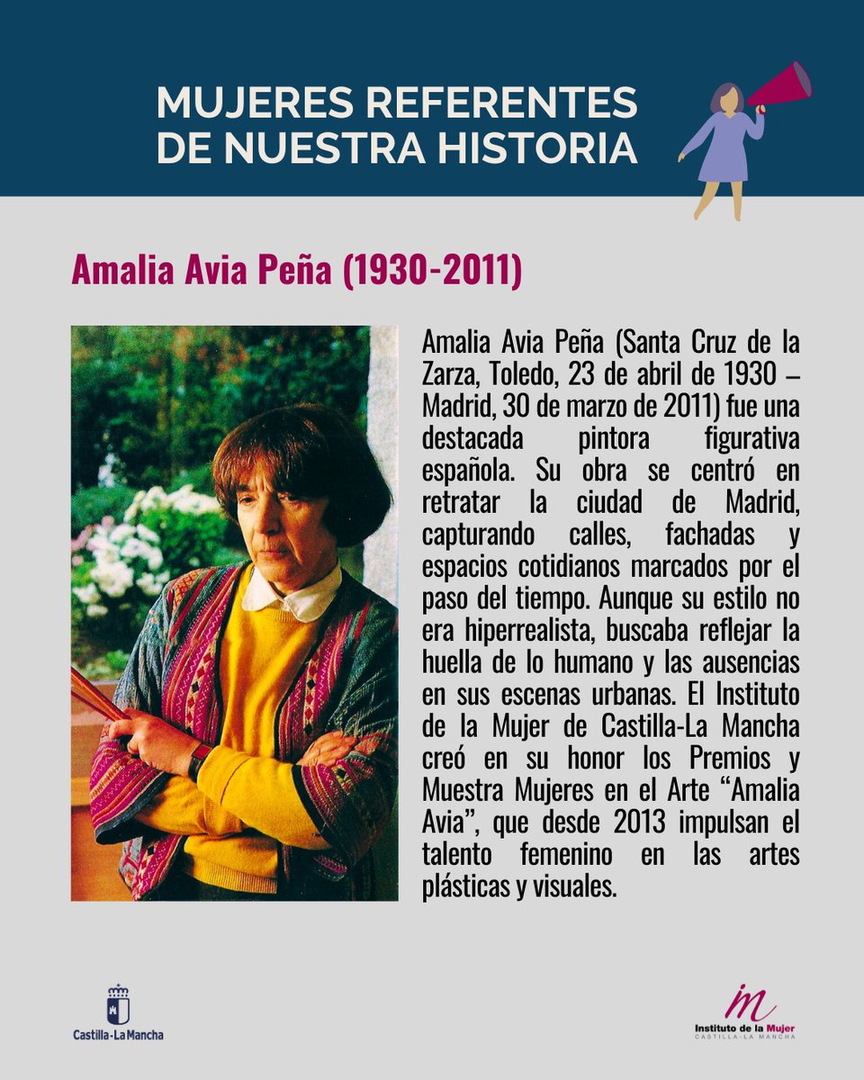 🟣#mujeresreferentes -📆Tal día como hoy, 23 de abril de 1930, nacía Amalia Avia en Santa Cruz de la Zarza, Toledo.
Su legado artístico no solo vive en sus lienzos, sino también en los Premios Mujeres en el Arte “Amalia Avia” que Castilla-La Mancha impulsa cada año
#igualdadclm
