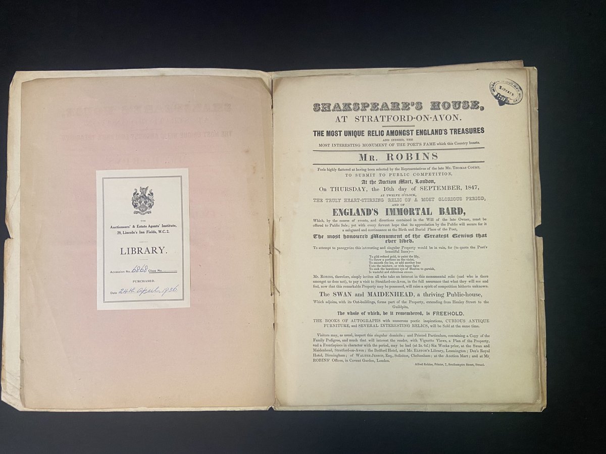 It's Shakespeare's birthday today, in the <a href="/RICSnews/">RICS</a> library we have auction particulars of Shakespeare's House in Stratford-upon-Avon from 1847, learn more about the RICS library and search the catalogue here rics.org/profession-sta…