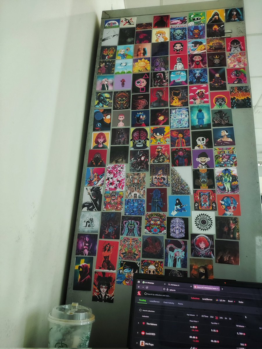 This cabinet side is almost full.
These are the artworks I've collected so far on <a href="/salvor_io/">Salvor 🚢🔺</a>
(Not all of them)
Sorry for not printing them in the best quality.

But, your artworks will be something I see every day. ✨✨

Spot yours? 😆