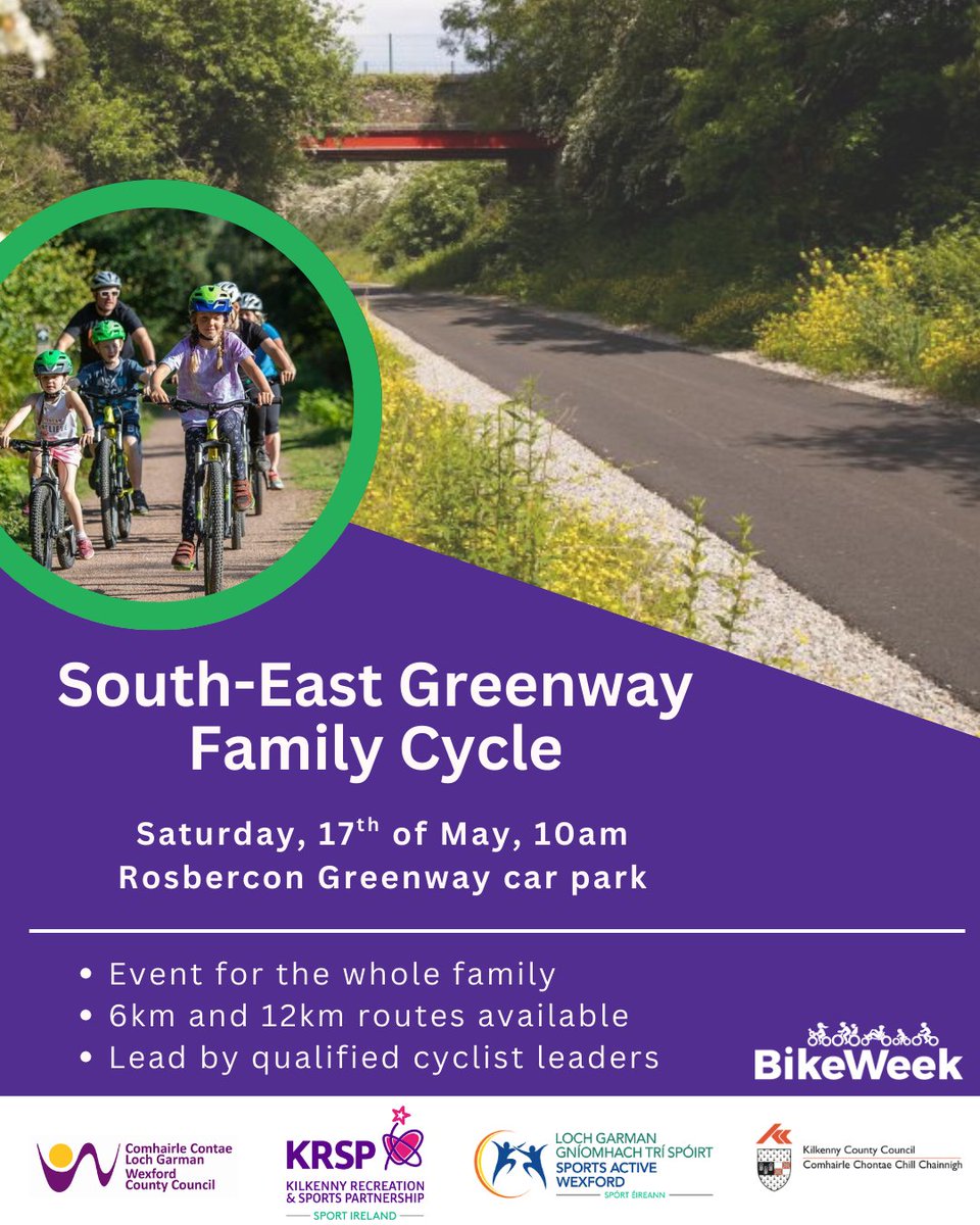 Sports Active (@sportactivewex) on Twitter photo We are delighted to partner <a href="/KilkennySport/">Kilkenny Recreation & Sport Partnership</a> to bring a social family cycle this #BikeWeek. This is suitable for all ages with a 6km and 12km route available.
All participants must sign up before the start of the event and there is limited tickets so make sure to register! We are delighted to partner <a href="/KilkennySport/">Kilkenny Recreation & Sport Partnership</a> to bring a social family cycle this #BikeWeek. This is suitable for all ages with a 6km and 12km route available.
All participants must sign up before the start of the event and there is limited tickets so make sure to register!